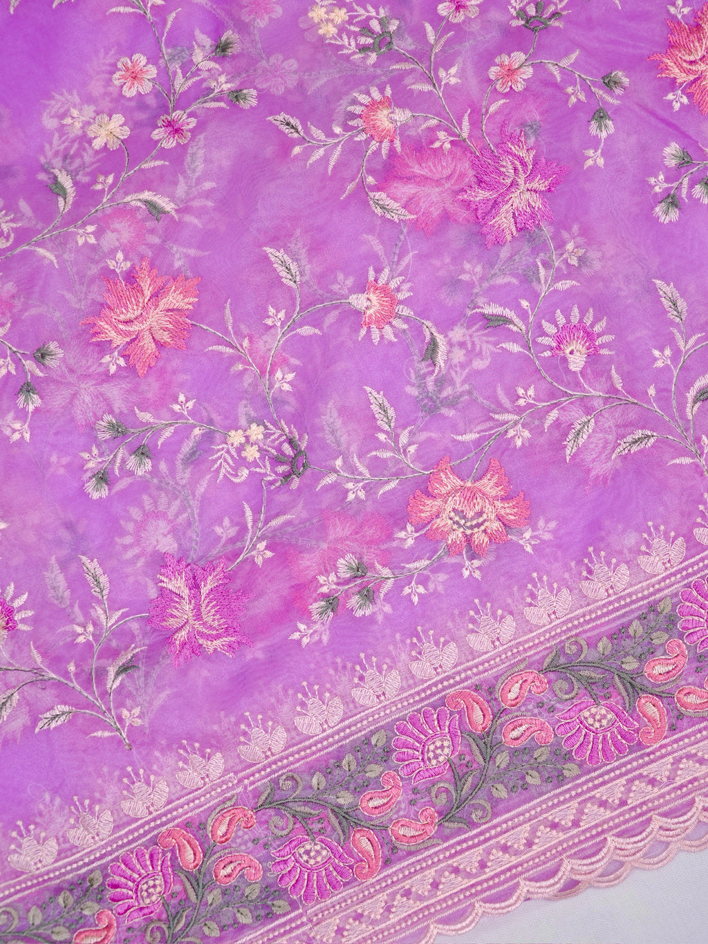 Organza Soft Silk Lavender Saree with Intricate Floral Embroidery