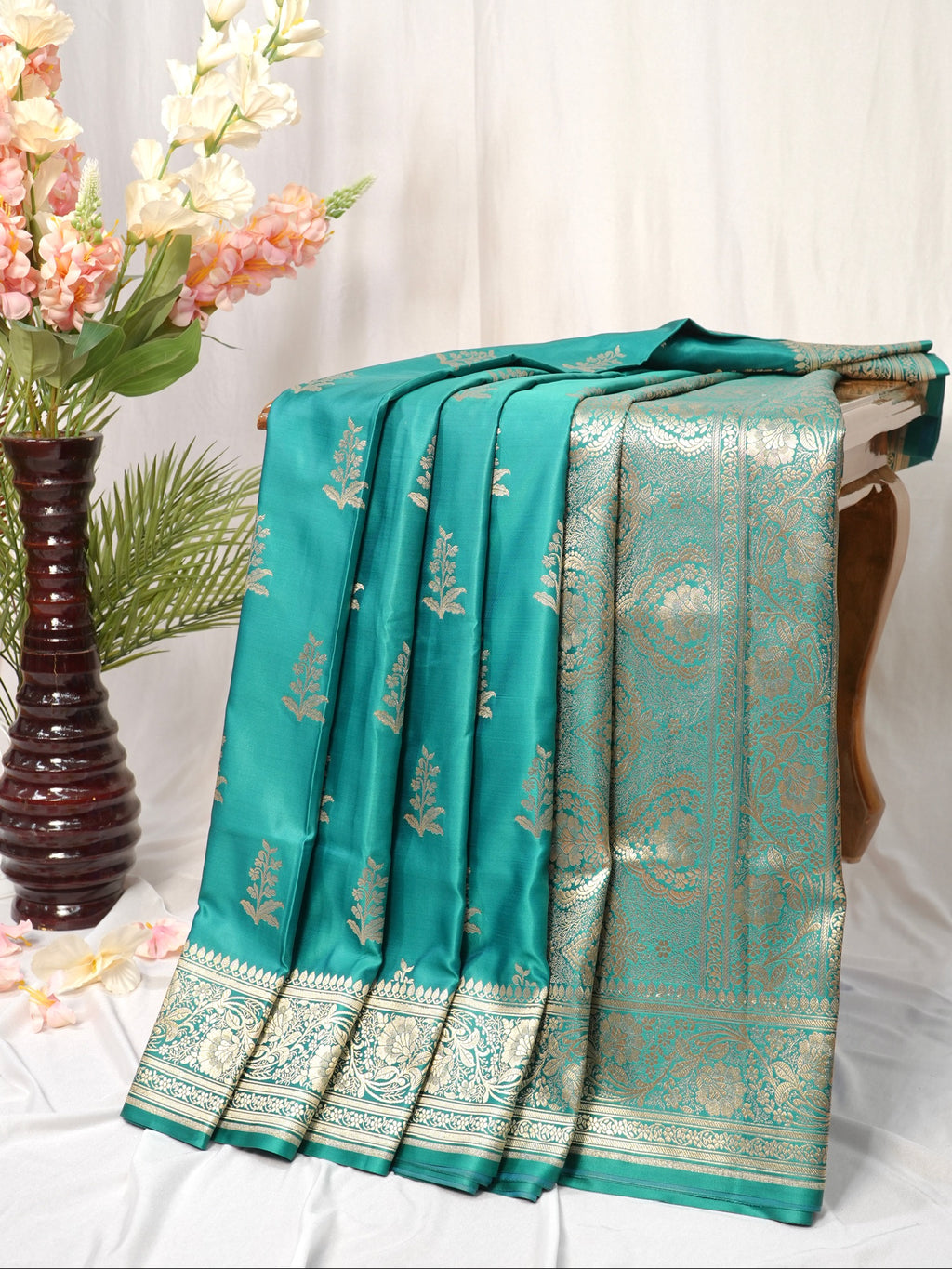 Banarasi Mushru Katan Silk Saree – Turquoise Teal