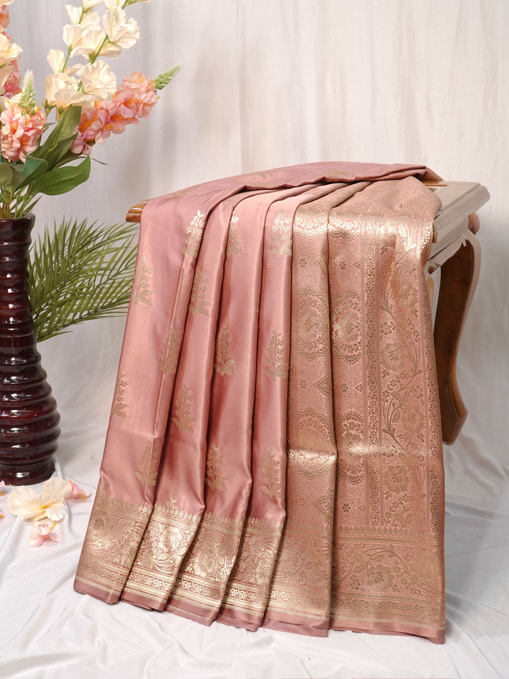 Banarasi Mushru Katan Silk Saree – Dusty Rose Pink