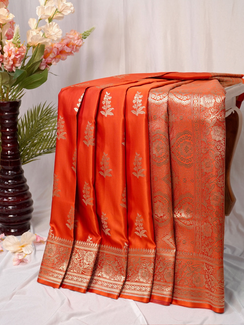 Banarasi Mushru Katan Silk Saree – Bright Orange