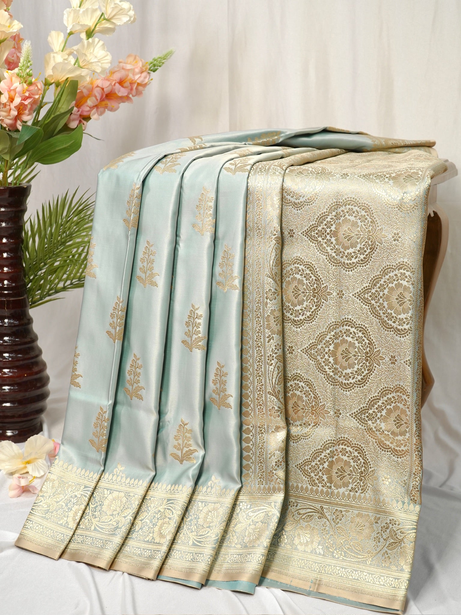 Banarasi Mushru Katan Silk Saree – Ice Mint Green