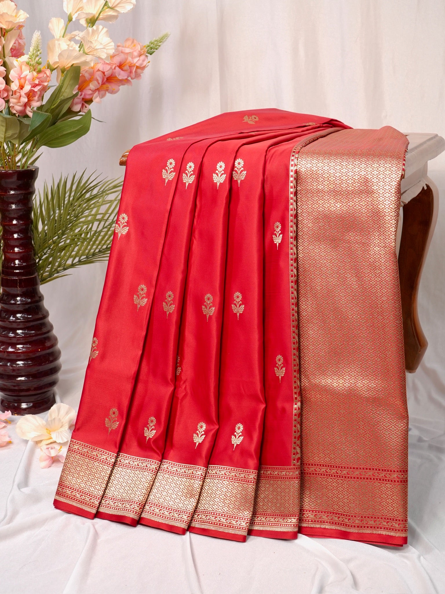 Crimson Red Banarasi Mushru Katan Silk Saree