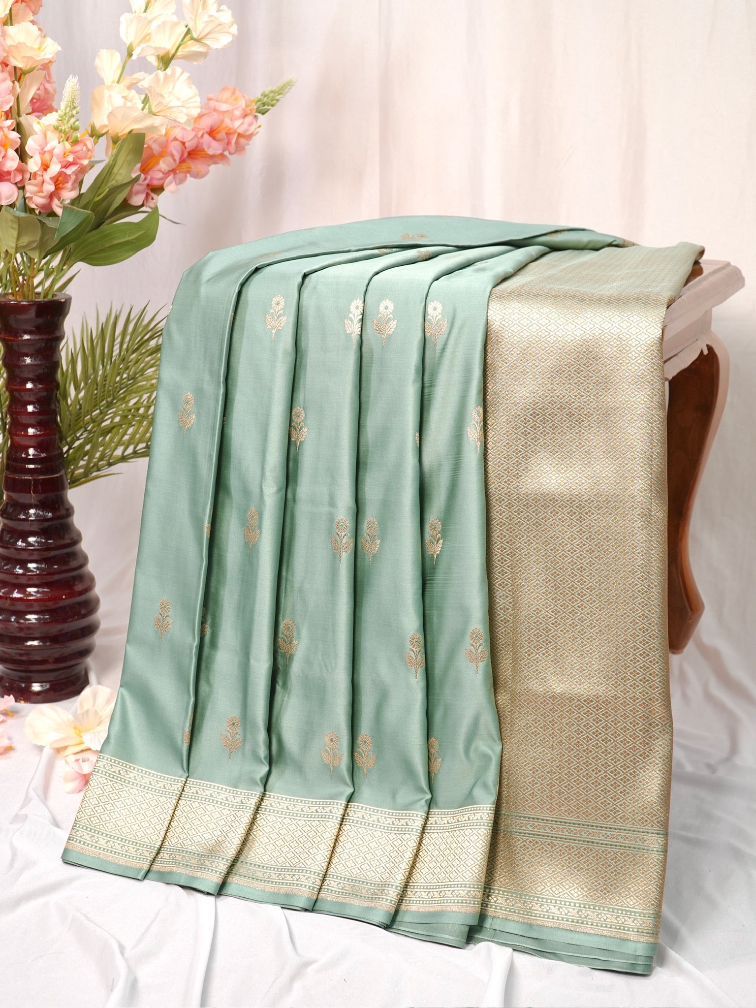Sage Green Banarasi Mushru Katan Silk Saree