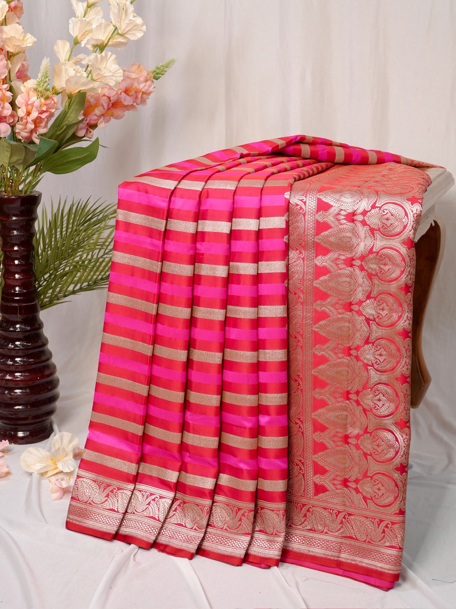Hot Pink Leheriya Banarasi Mushru Katan Silk Saree