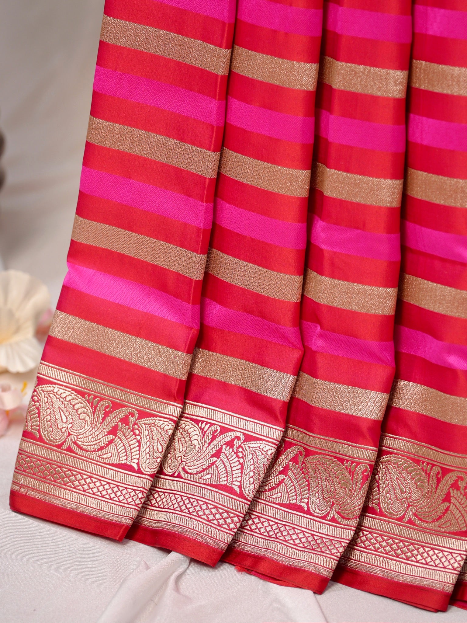 Hot Pink Leheriya Banarasi Mushru Katan Silk Saree