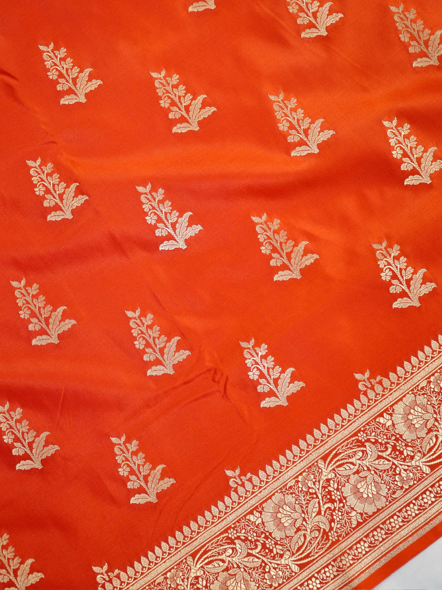 Banarasi Mushru Katan Silk Saree – Bright Orange