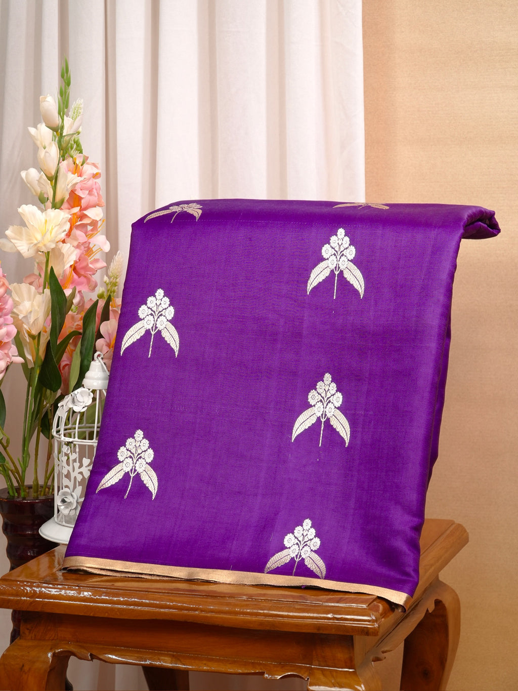 Banarasi Pure Mushru Katan Silk Saree with Silver Zari Kadhuva Weave-Royal Purple