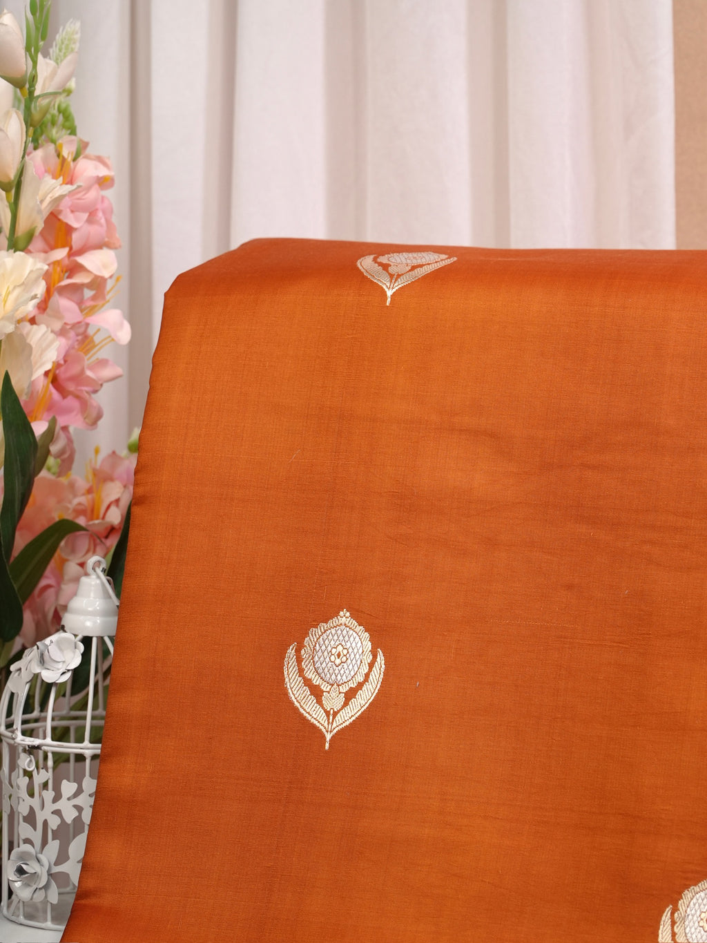 Banarasi Pure Mushru Katan Silk Saree with Kadhuva Weave-Rust Orange