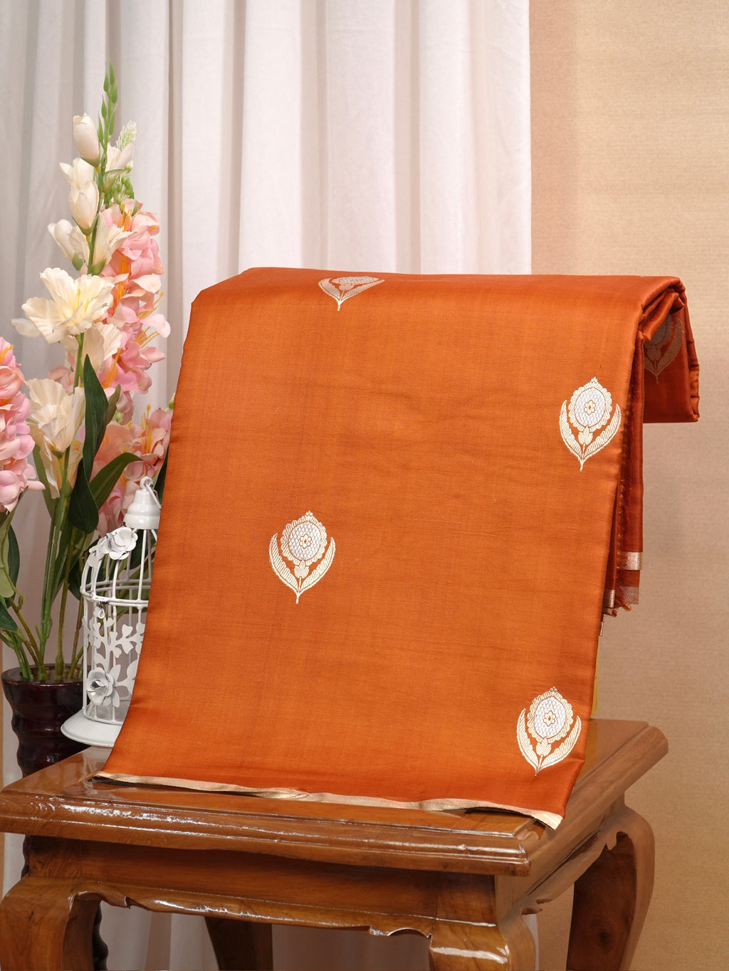 Banarasi Pure Mushru Katan Silk Saree with Kadhuva Weave-Rust Orange