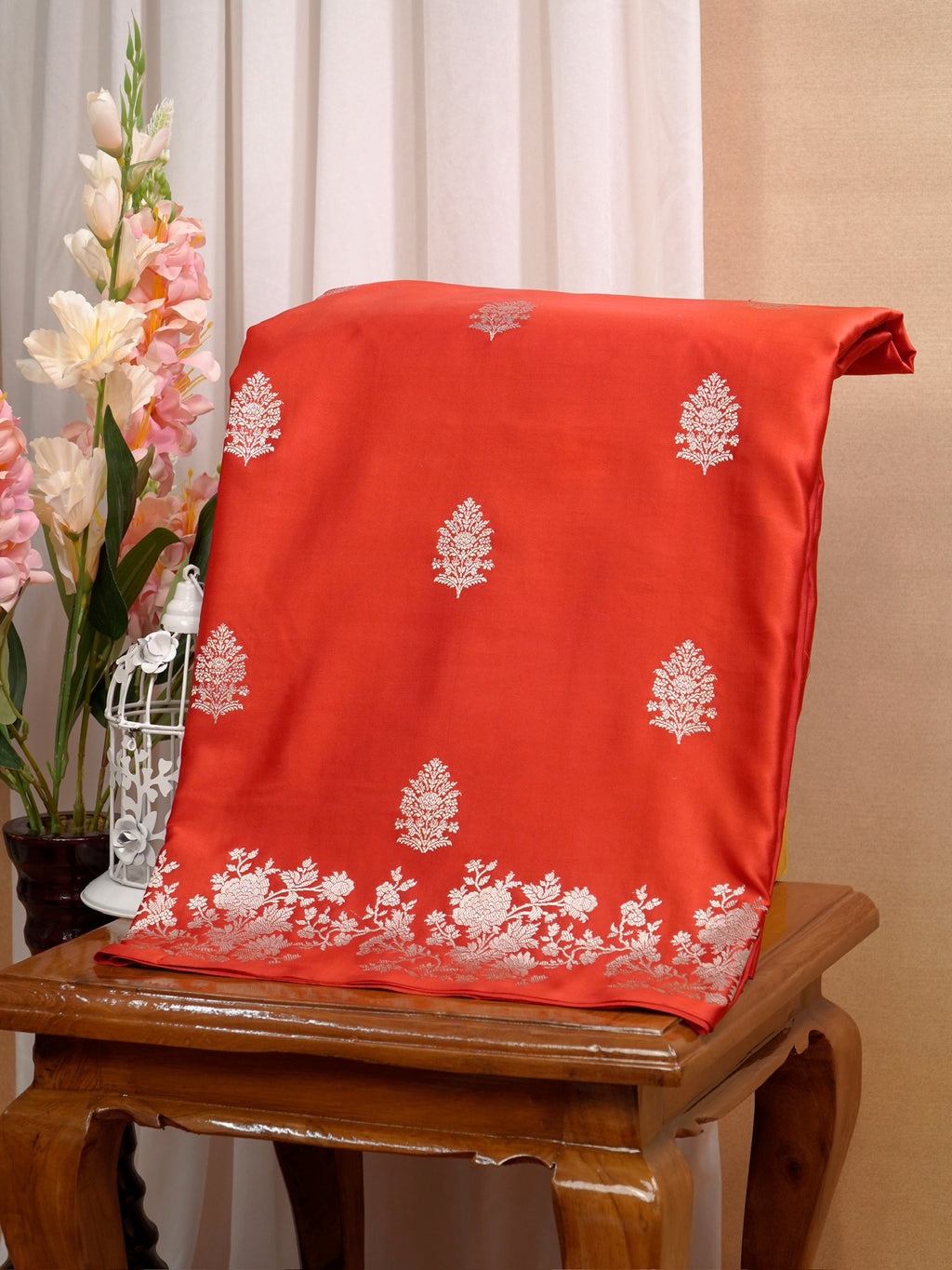 Banarasi Pure Mushru Katan Silk Saree with Silver Zari Kadhuva Weave-Vibrant Vermilion Orange