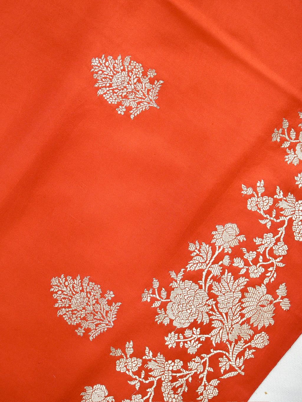 Banarasi Pure Mushru Katan Silk Saree with Silver Zari Kadhuva Weave-Vibrant Vermilion Orange