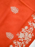 Banarasi Pure Mushru Katan Silk Saree with Silver Zari Kadhuva Weave-Vibrant Vermilion Orange