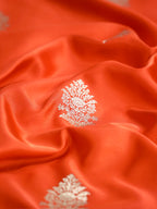 Banarasi Pure Mushru Katan Silk Saree with Silver Zari Kadhuva Weave-Vibrant Vermilion Orange