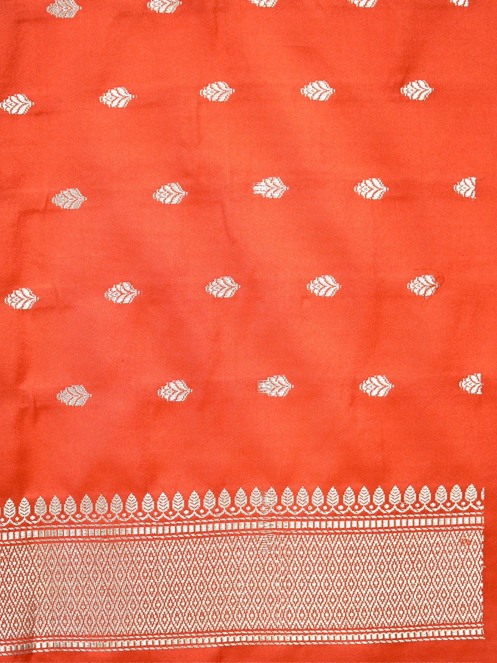 Banarasi Pure Mushru Katan Silk Saree with Silver Zari Kadhuva Weave-Vibrant Vermilion Orange