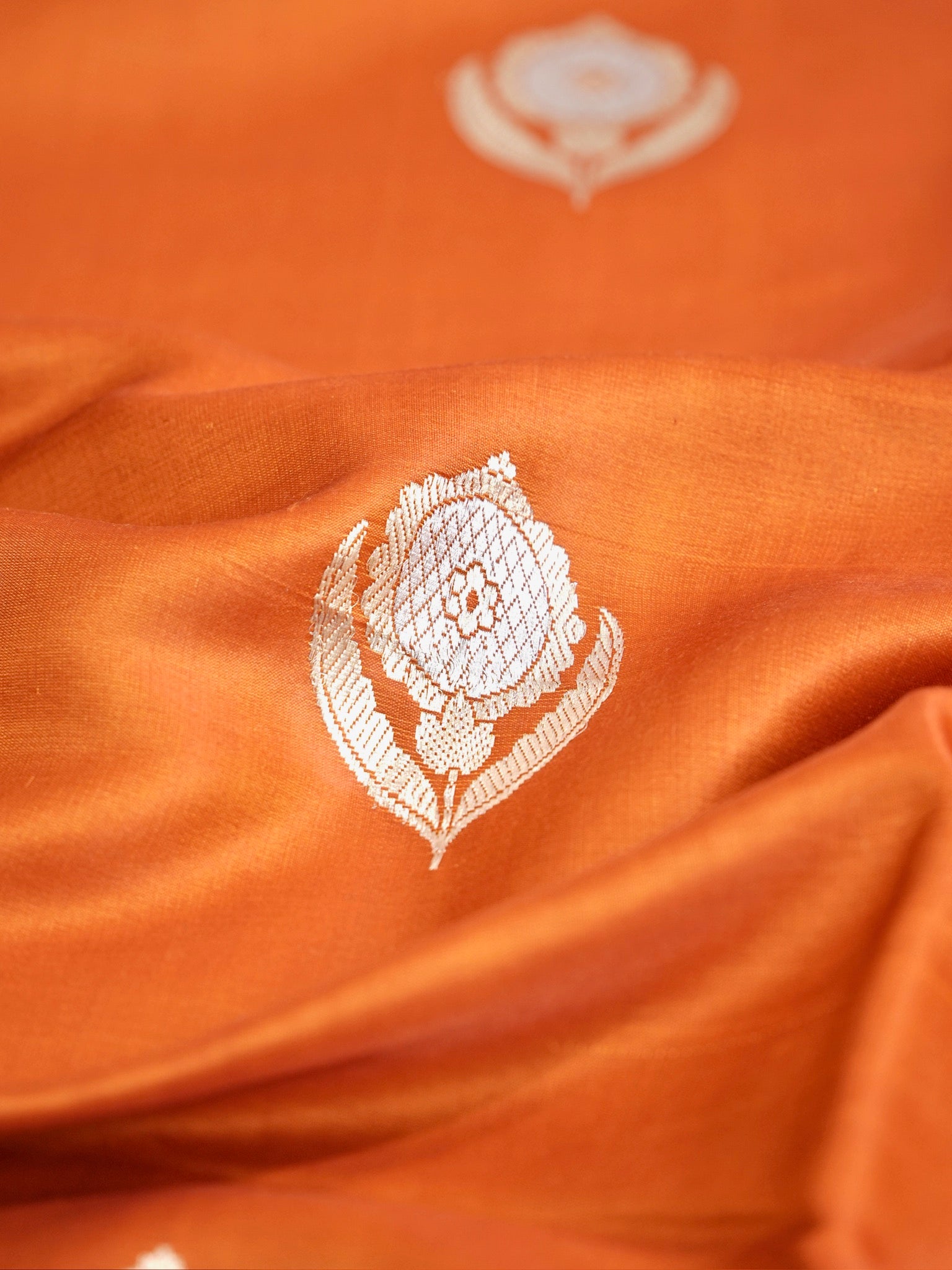Banarasi Pure Mushru Katan Silk Saree with Kadhuva Weave-Rust Orange