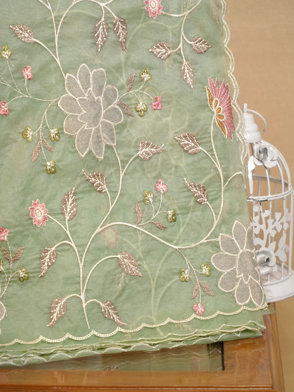 Soft Organza Silk Embroidered Saree – Pastel Green