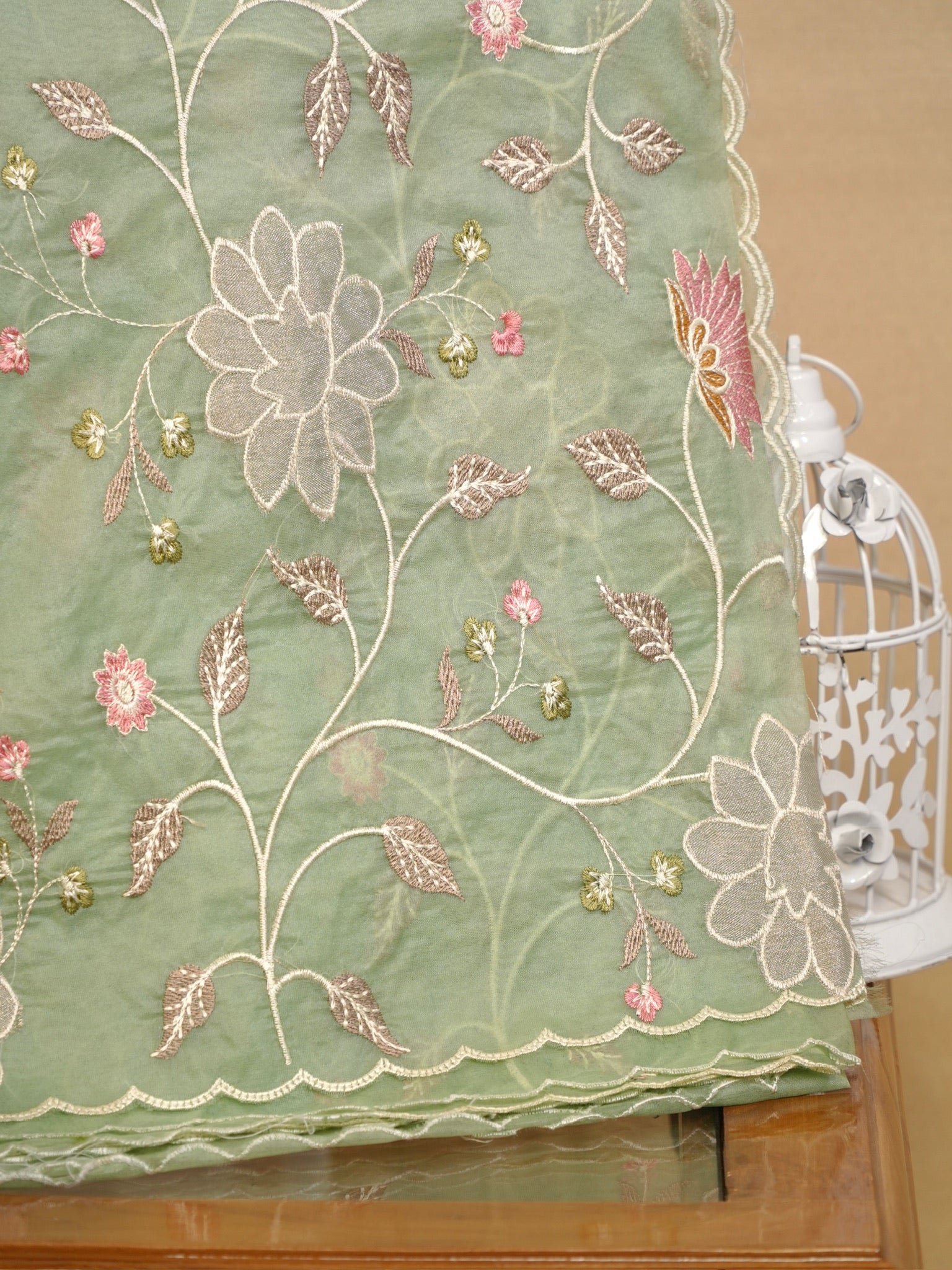 Soft Organza Silk Embroidered Saree – Pastel Green