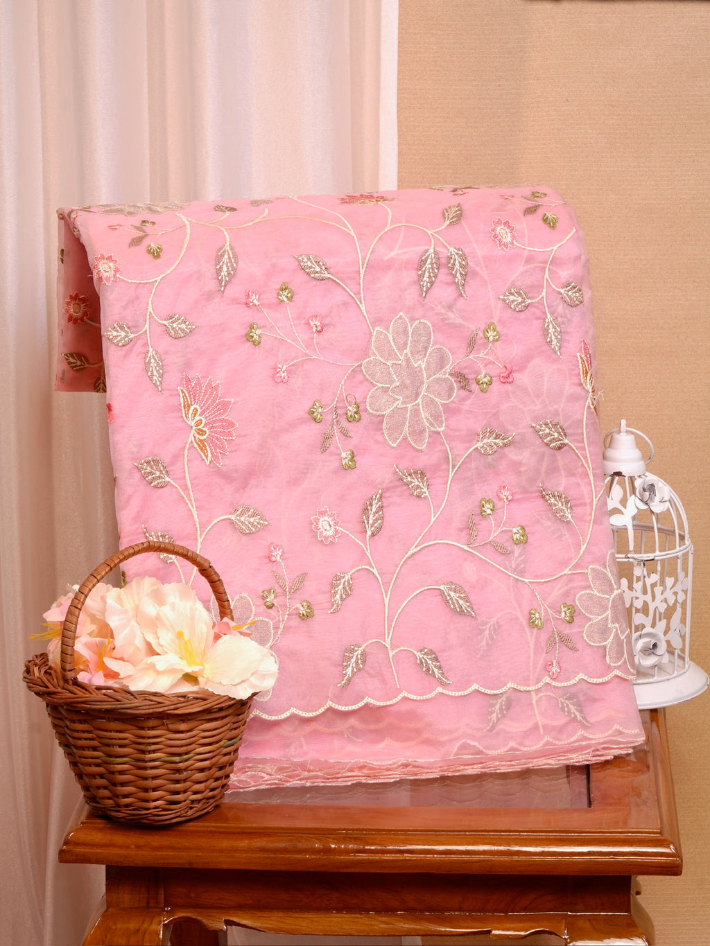Soft Organza Silk Embroidered Saree – Baby Pink