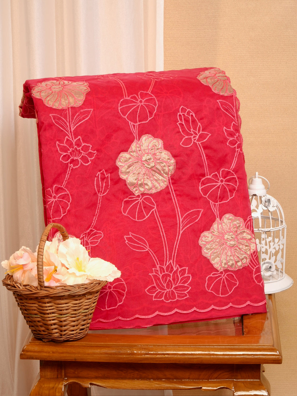 Soft Organza Silk Embroidered Saree - Crimson Red