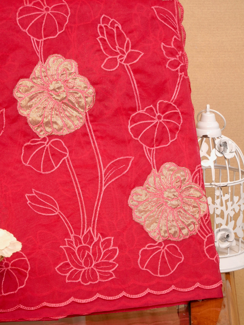 Soft Organza Silk Embroidered Saree - Crimson Red