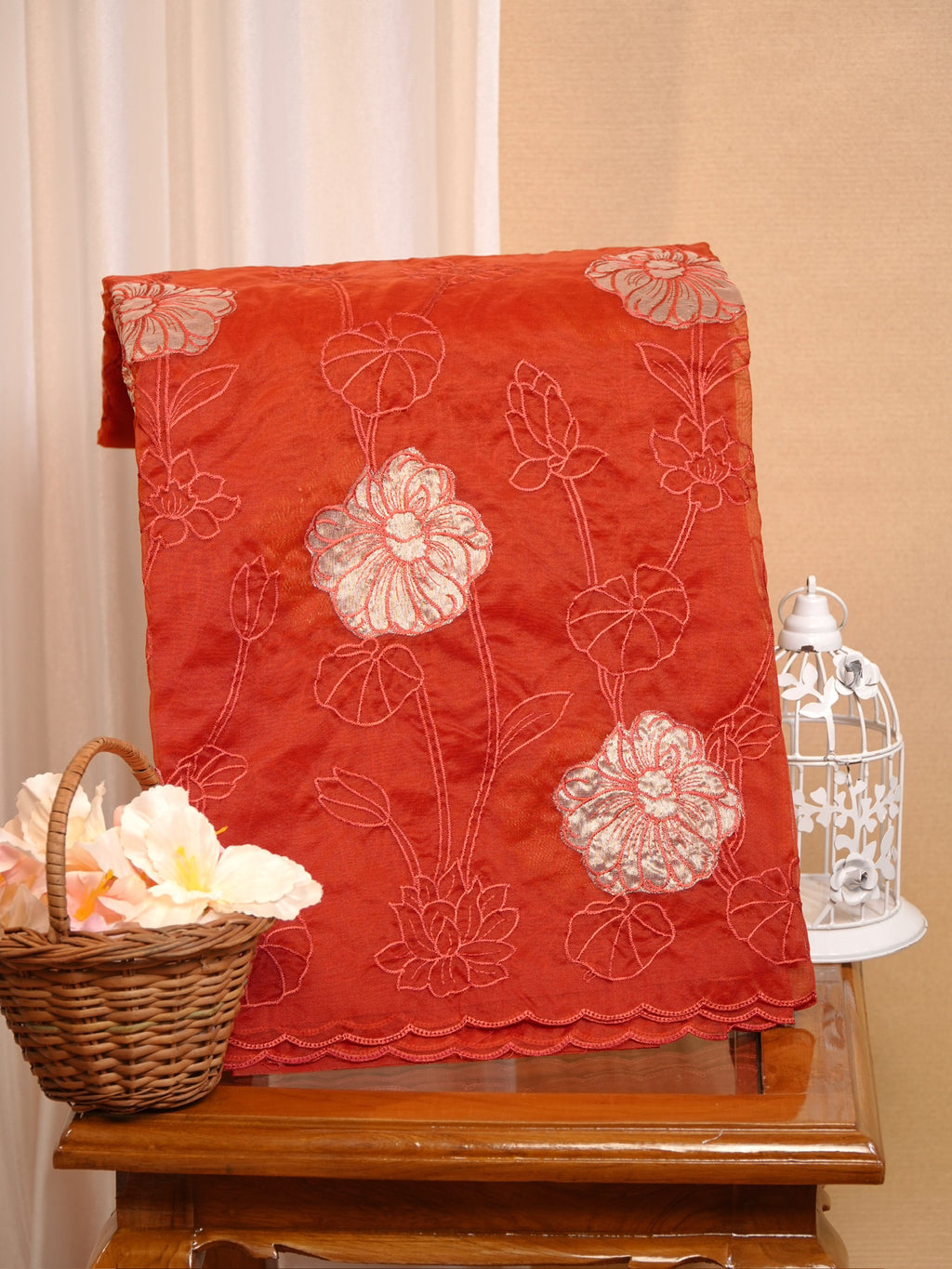 Soft Organza Silk Embroidered Saree - Rust Orange