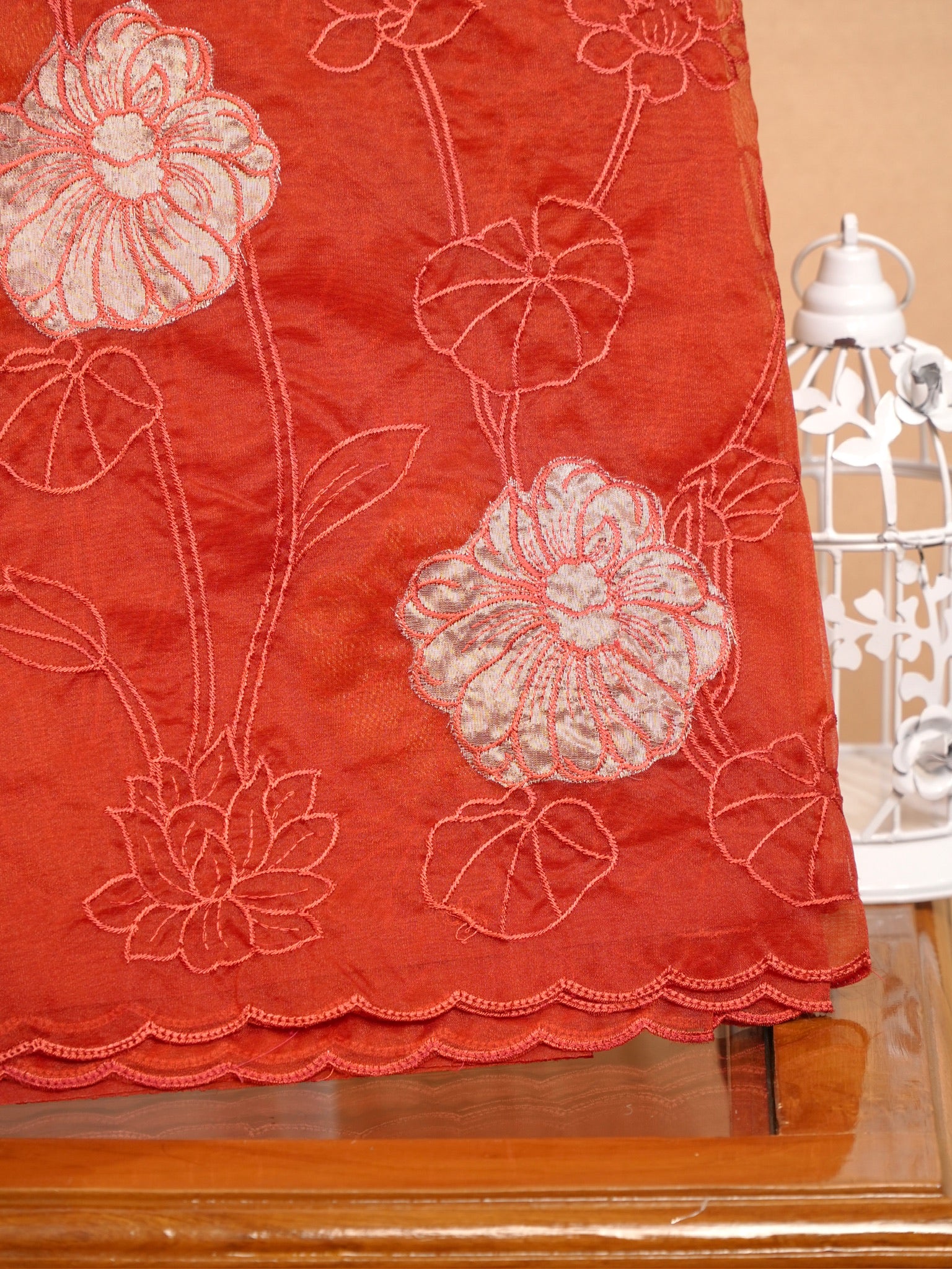 Soft Organza Silk Embroidered Saree - Rust Orange