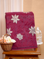 Soft Organza Silk Embroidered Saree – Wine Maroon