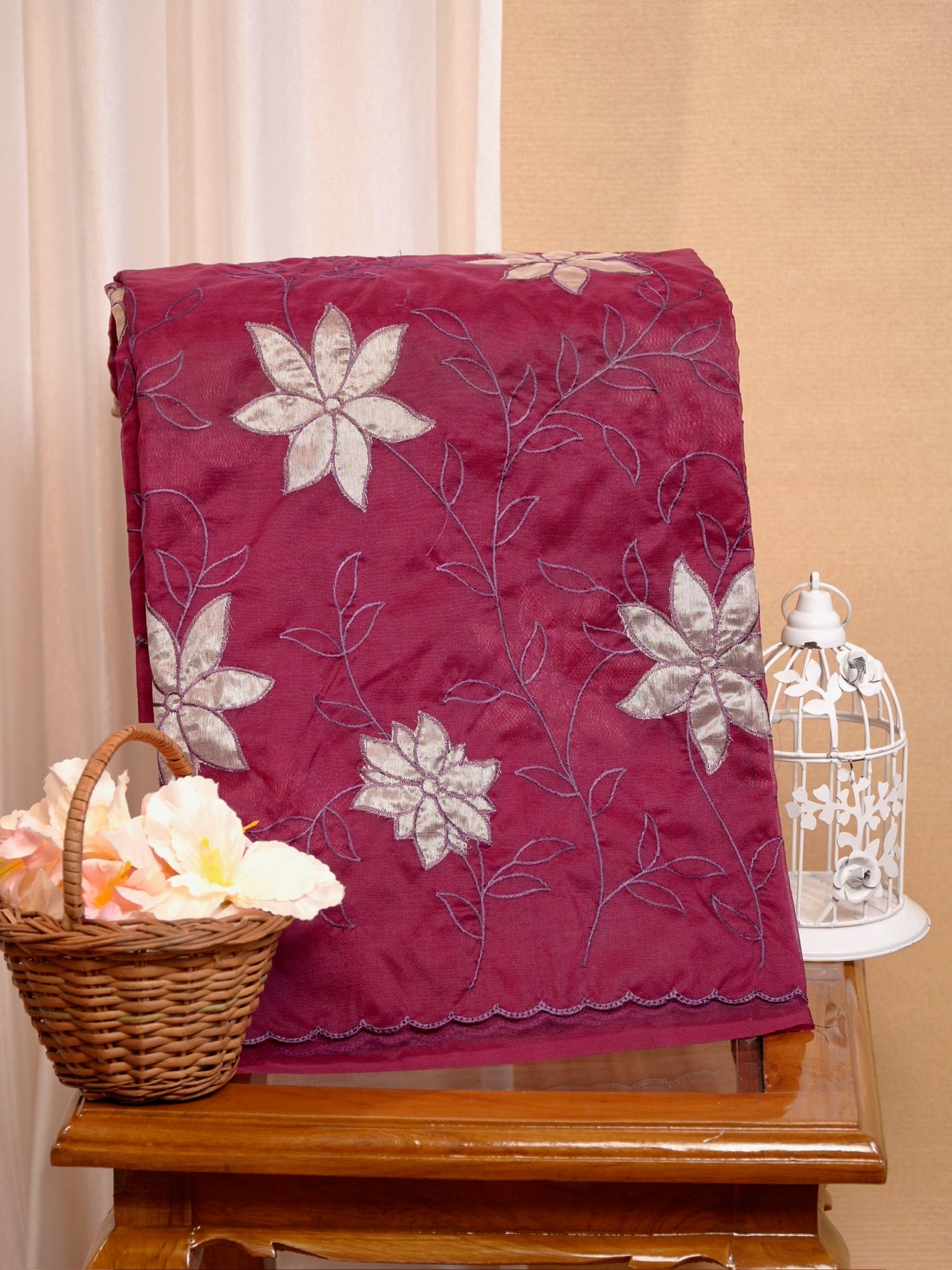 Soft Organza Silk Embroidered Saree – Wine Maroon