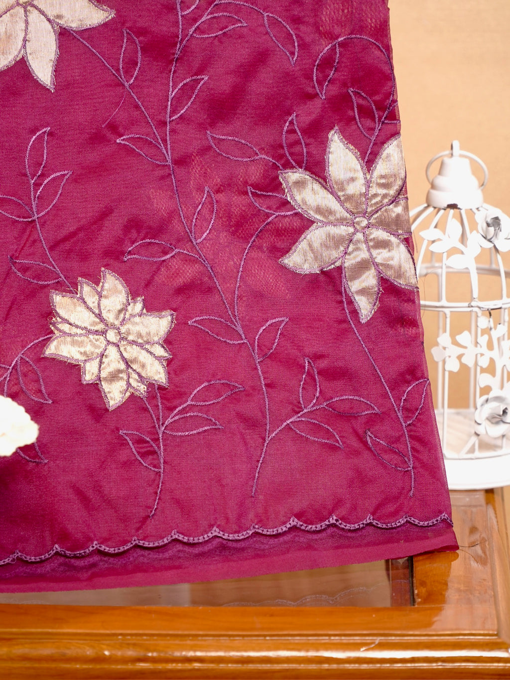 Soft Organza Silk Embroidered Saree – Wine Maroon