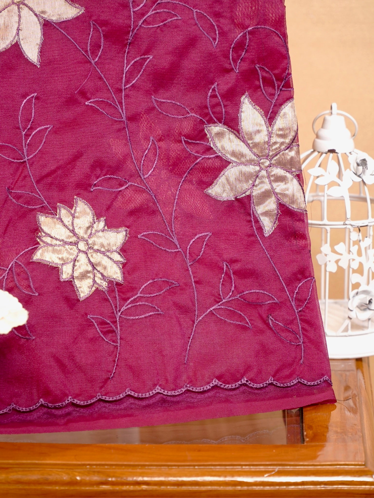 Soft Organza Silk Embroidered Saree – Wine Maroon
