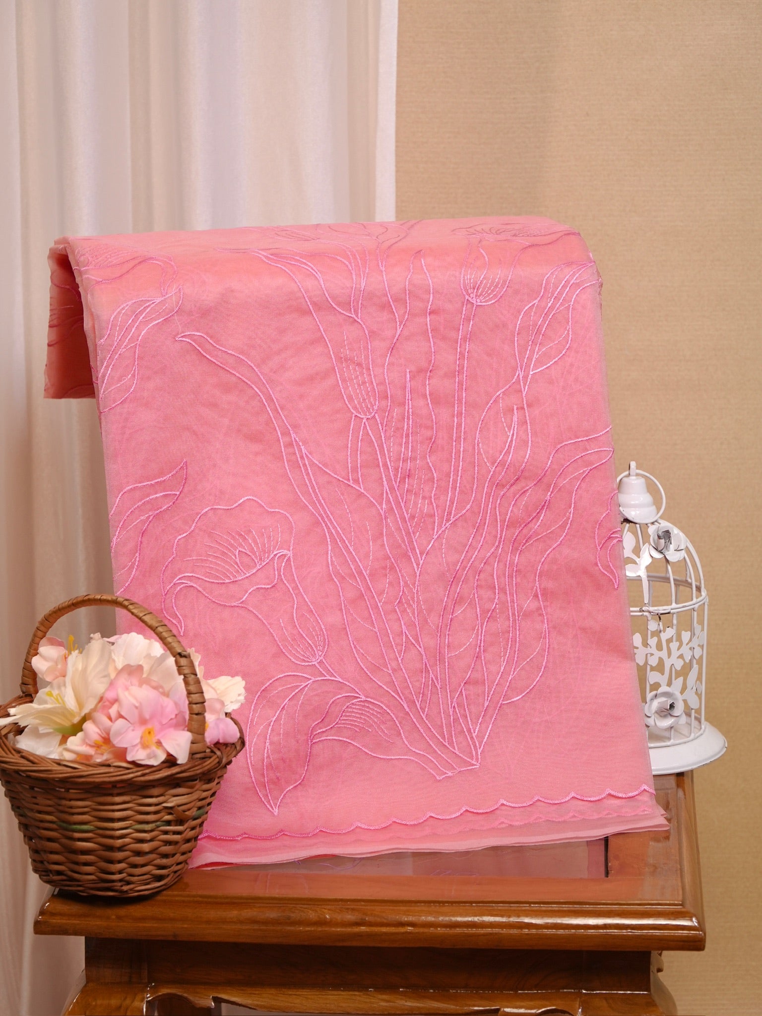 Soft Organza Silk Embroidered Saree Peach Pink / Coral Pink
