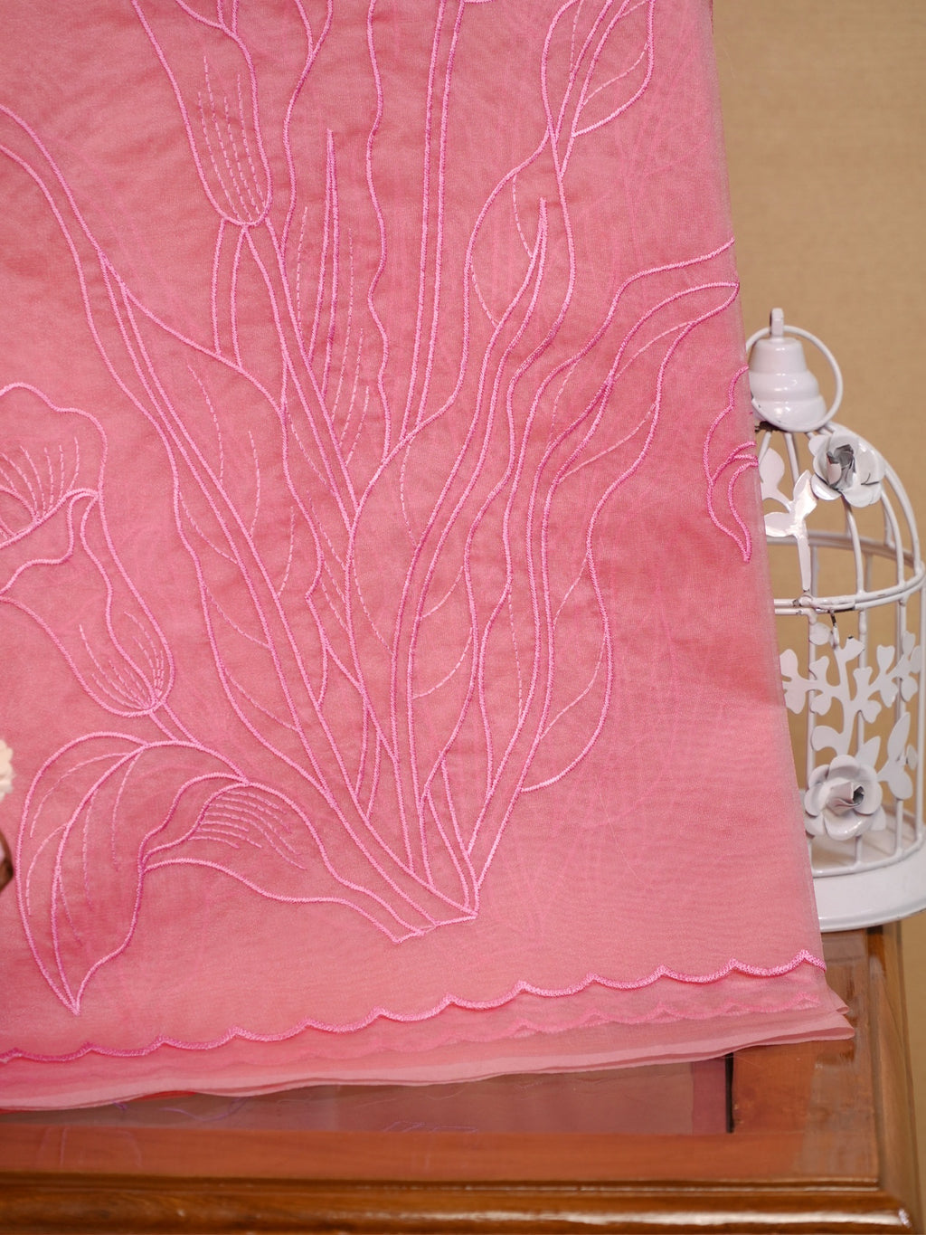 Soft Organza Silk Embroidered Saree Peach Pink / Coral Pink