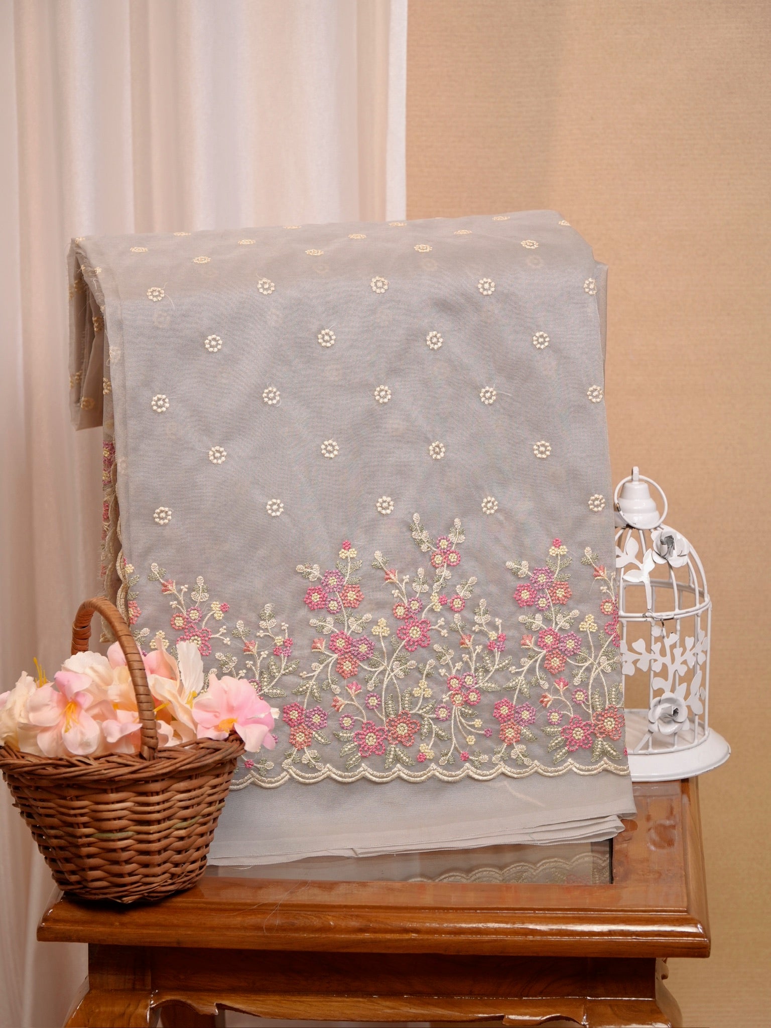 SOFT ORGANZA SILK EMBROIDERED SAREE – GREY