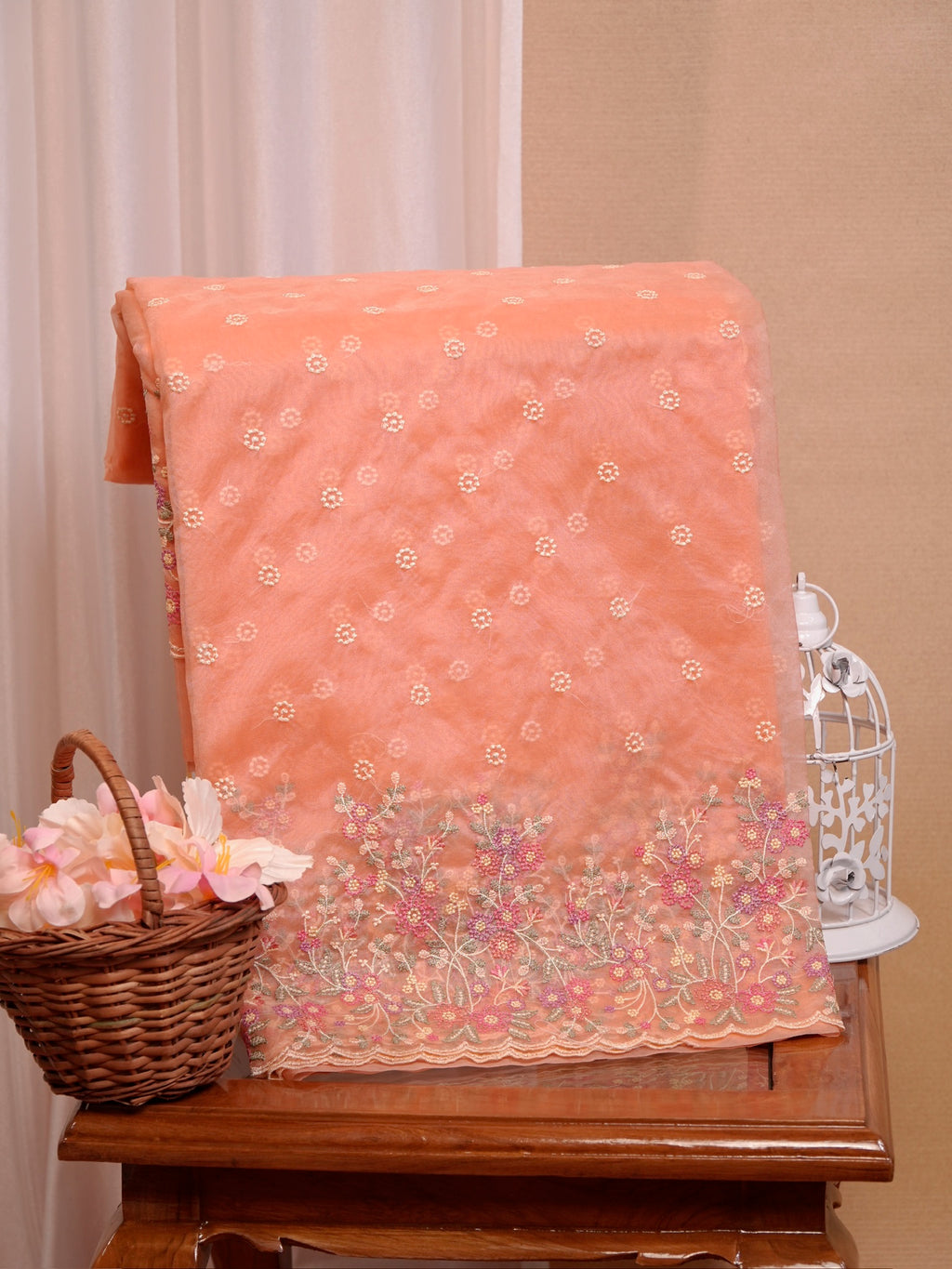 SOFT ORGANZA SILK EMBROIDERED SAREE – PEACH CORAL