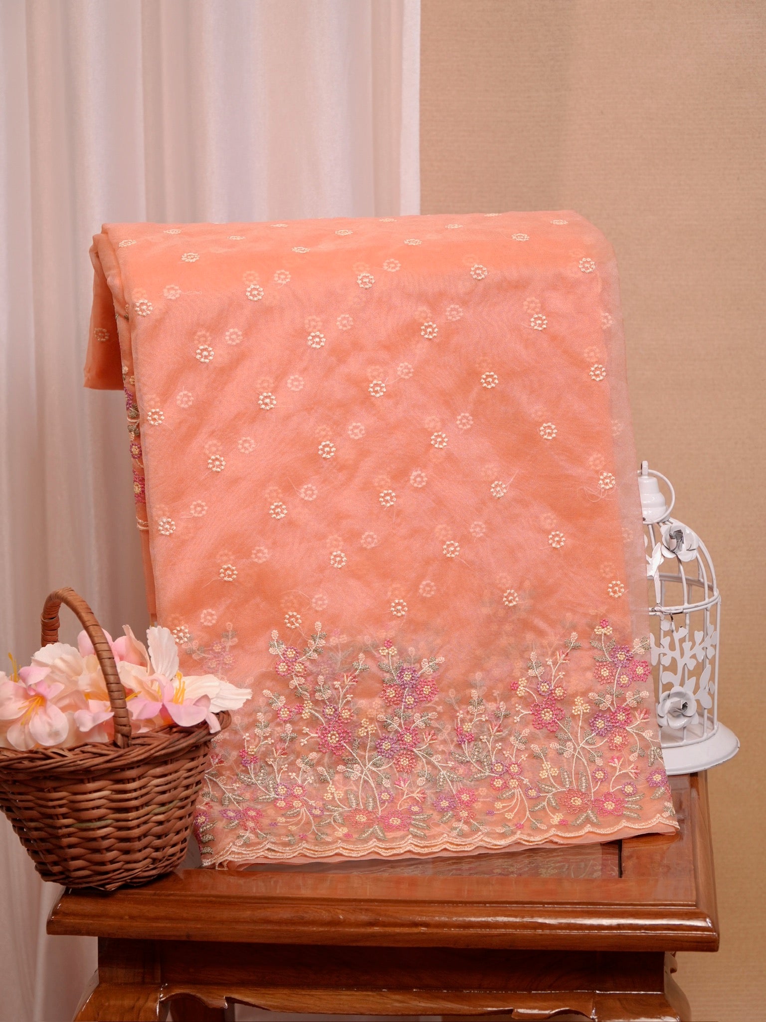 SOFT ORGANZA SILK EMBROIDERED SAREE – PEACH CORAL