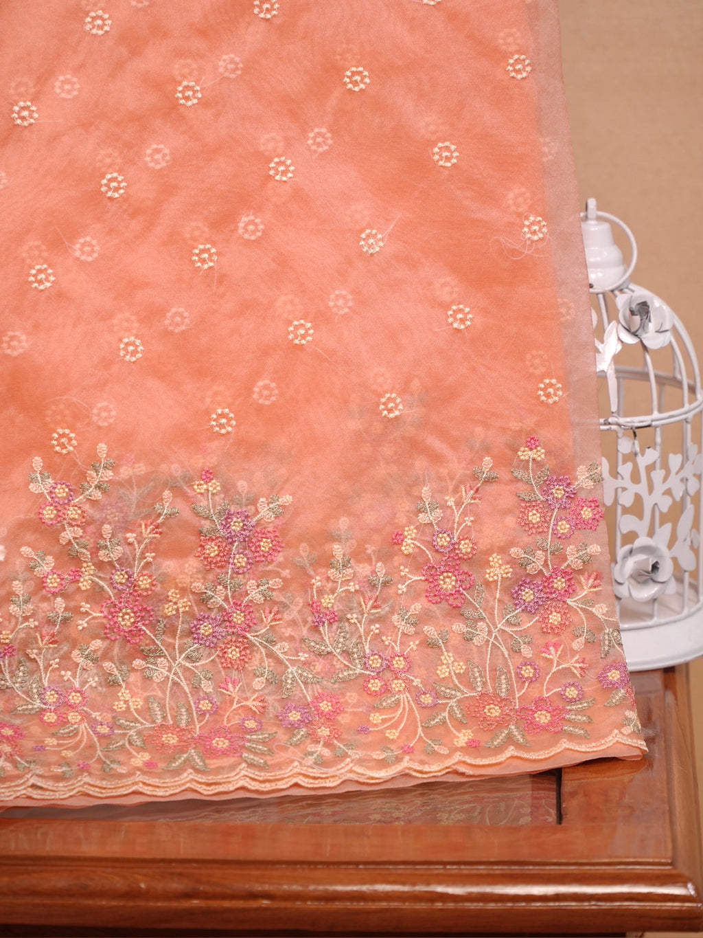 SOFT ORGANZA SILK EMBROIDERED SAREE – PEACH CORAL