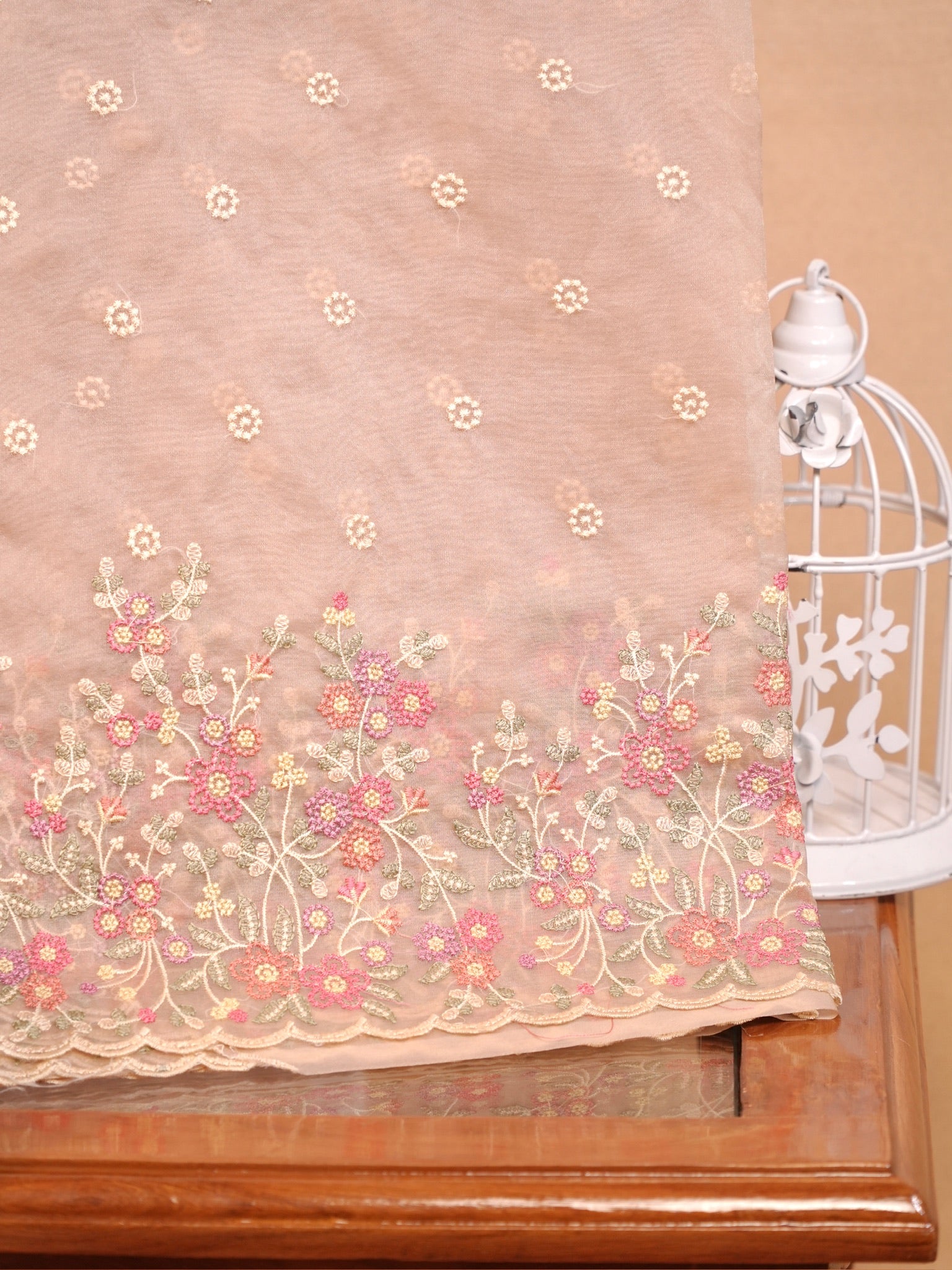 SOFT ORGANZA SILK EMBROIDERED SAREE – DUSTY ROSE / NUDE BEIGE