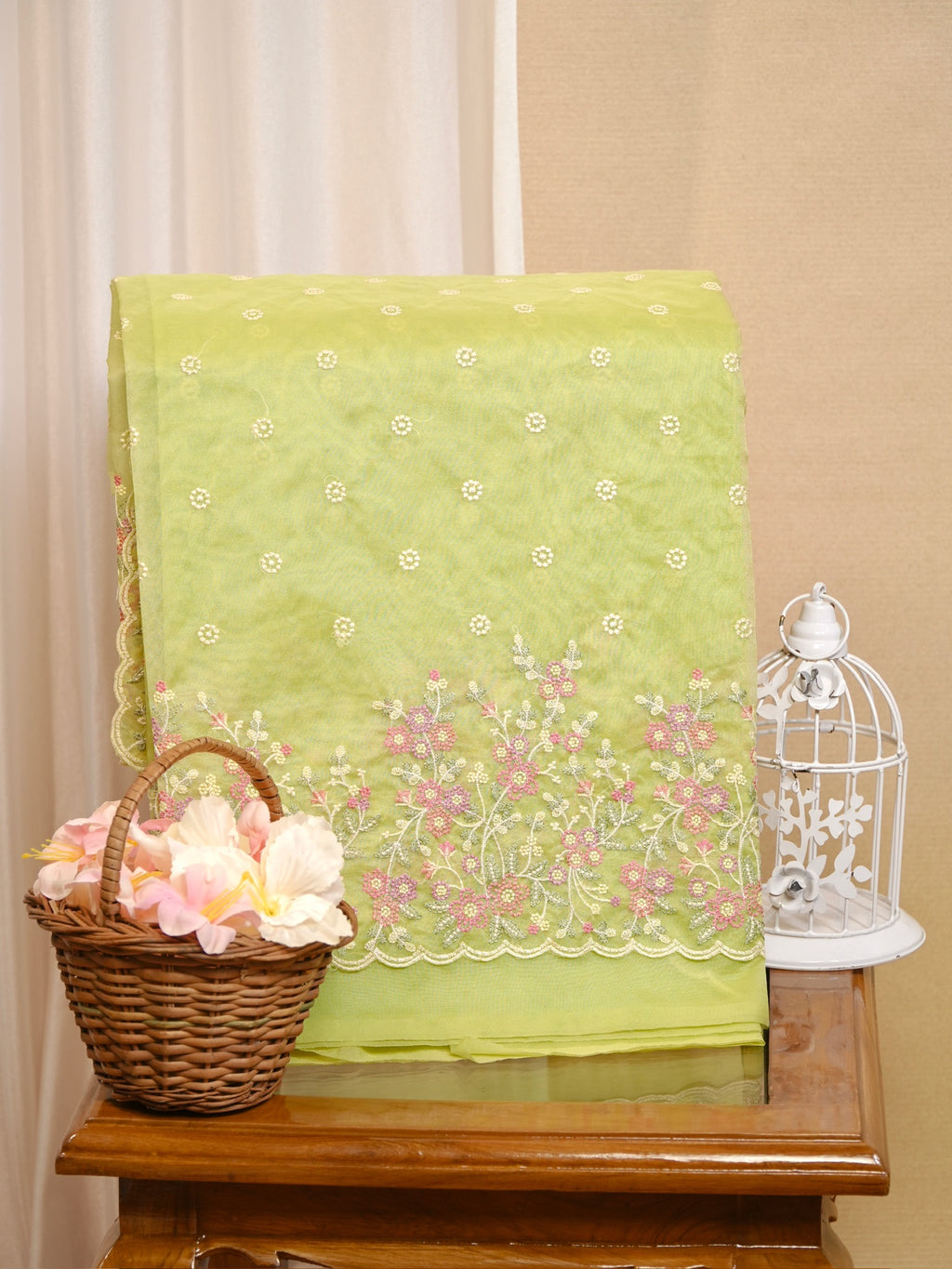 SOFT ORGANZA SILK EMBROIDERED SAREE – LIGHT GREEN