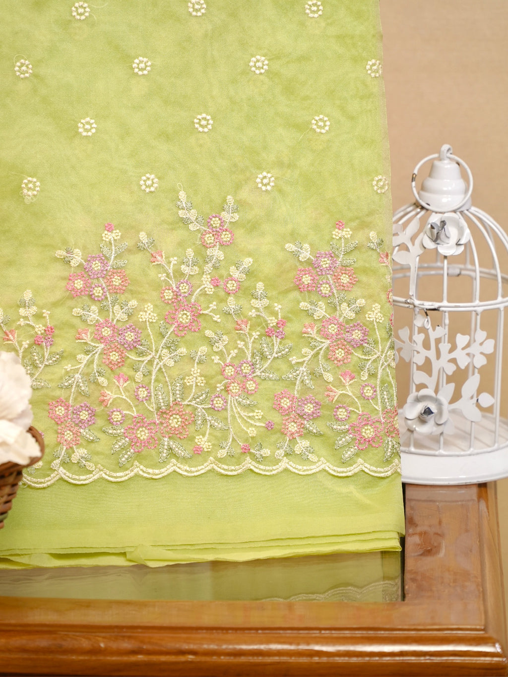 SOFT ORGANZA SILK EMBROIDERED SAREE – LIGHT GREEN
