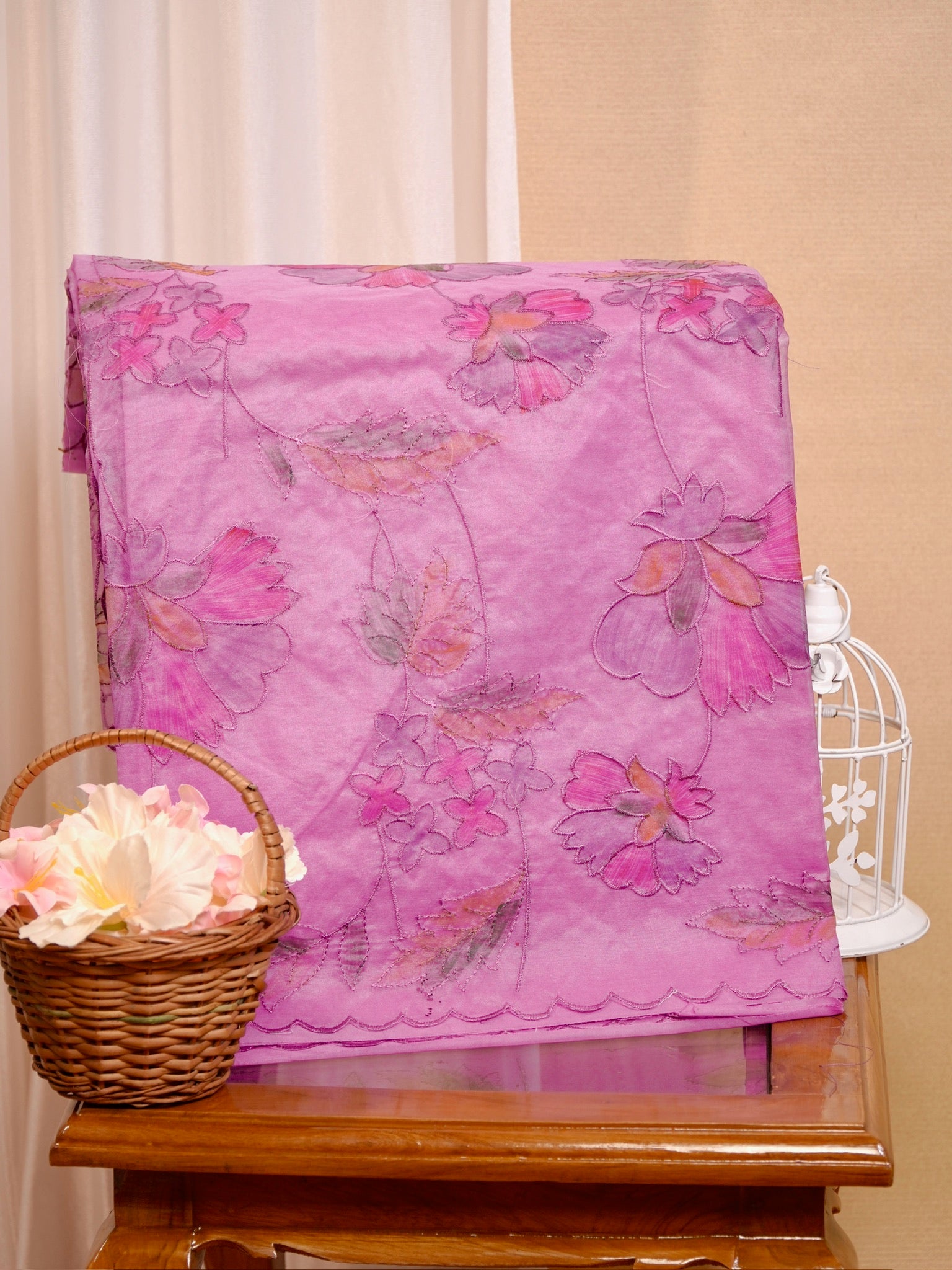 Soft Organza Silk Handbrush Floral Embroidered Saree – Lvender & Multicolor