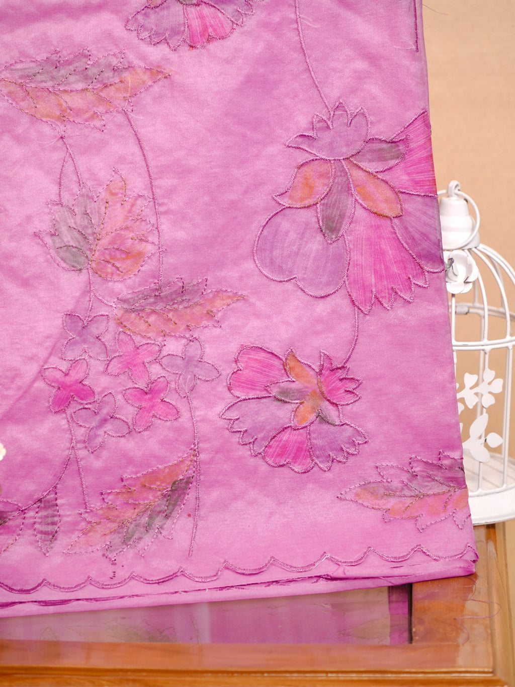 Soft Organza Silk Handbrush Floral Embroidered Saree – Lvender & Multicolor