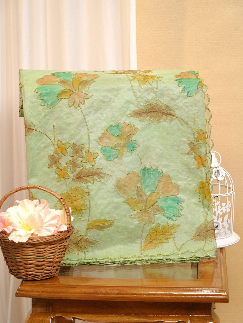 Soft Organza Silk Handbrush Embroidered Saree - Mint Green / Pastel Green