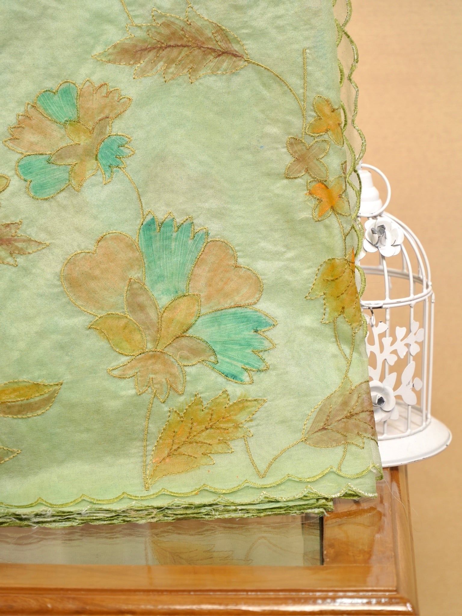Soft Organza Silk Handbrush Embroidered Saree - Mint Green / Pastel Green