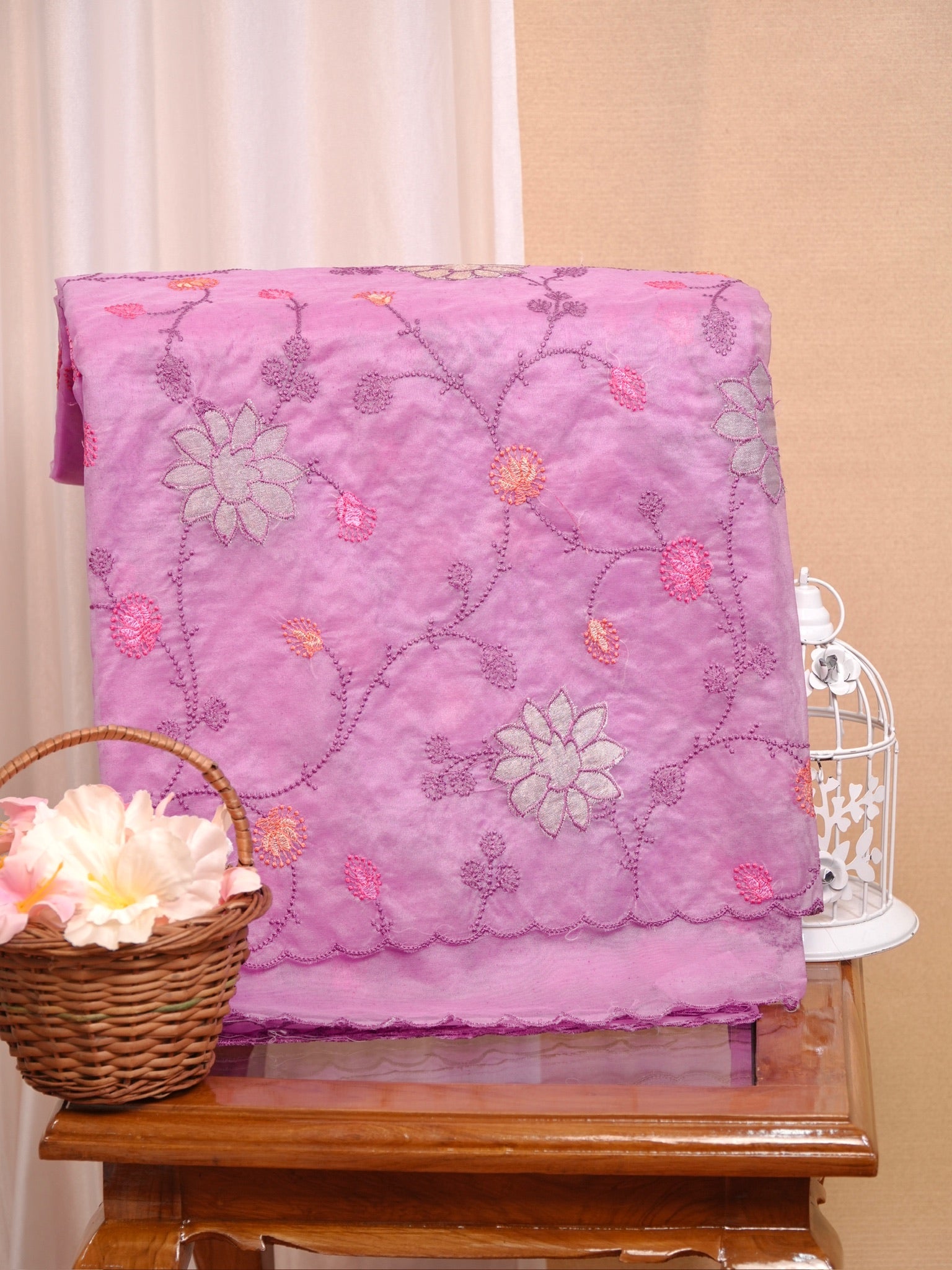 Soft Organza Silk Embroidered Saree Lavender Pink / Lilac Pink
