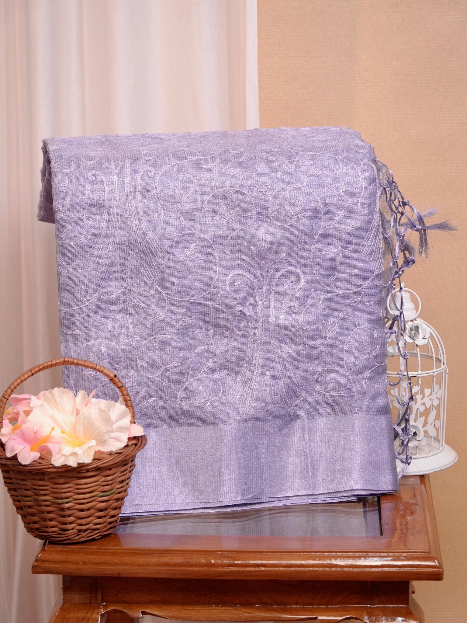 Soft Tissue Silk Embroidered Saree - Elegant Lavender