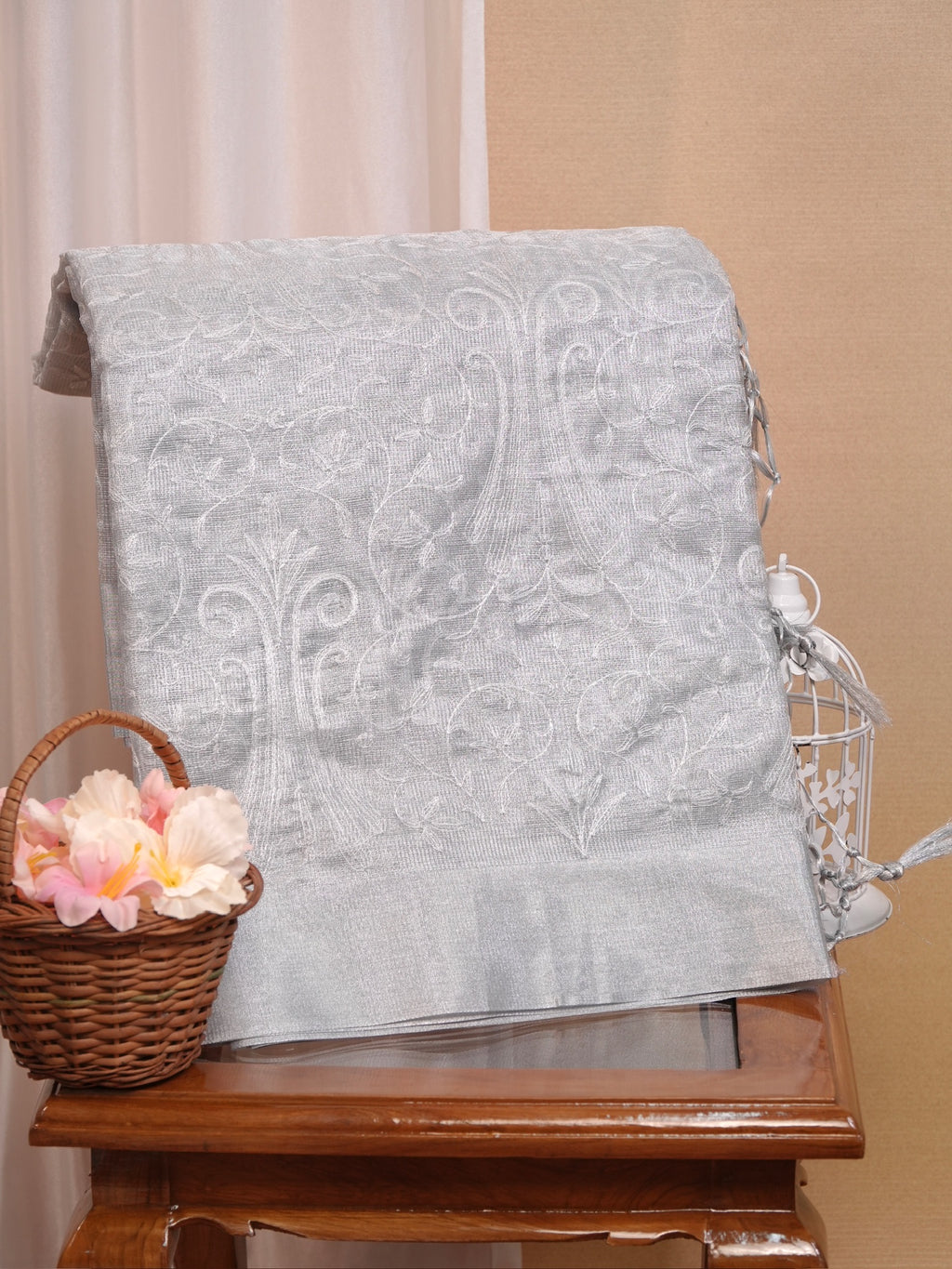 Soft Tissue Silk Embroidered Saree - Elegant Silver Grey