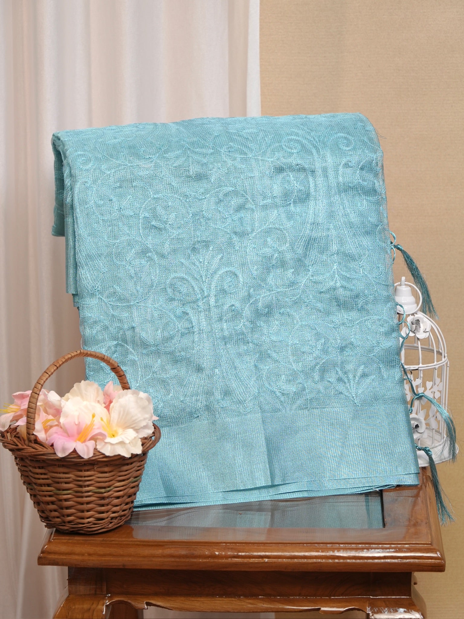 Soft Tissue Silk Embroidered Saree – Sky Blue