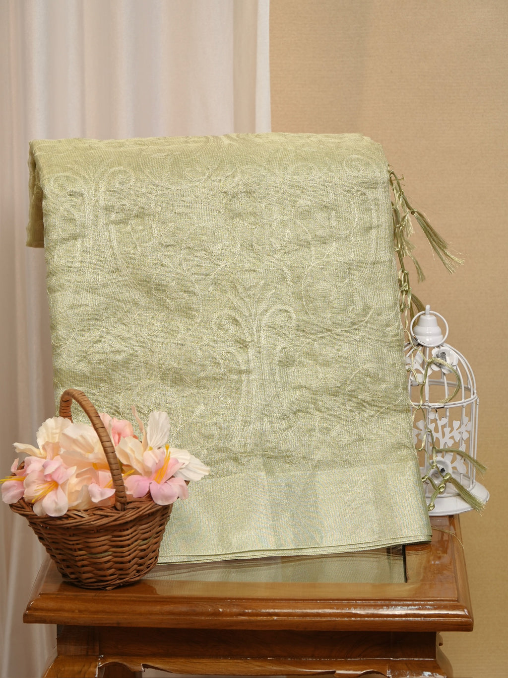 Soft Tissue Silk Embroidered Saree – Pastel Lime Green