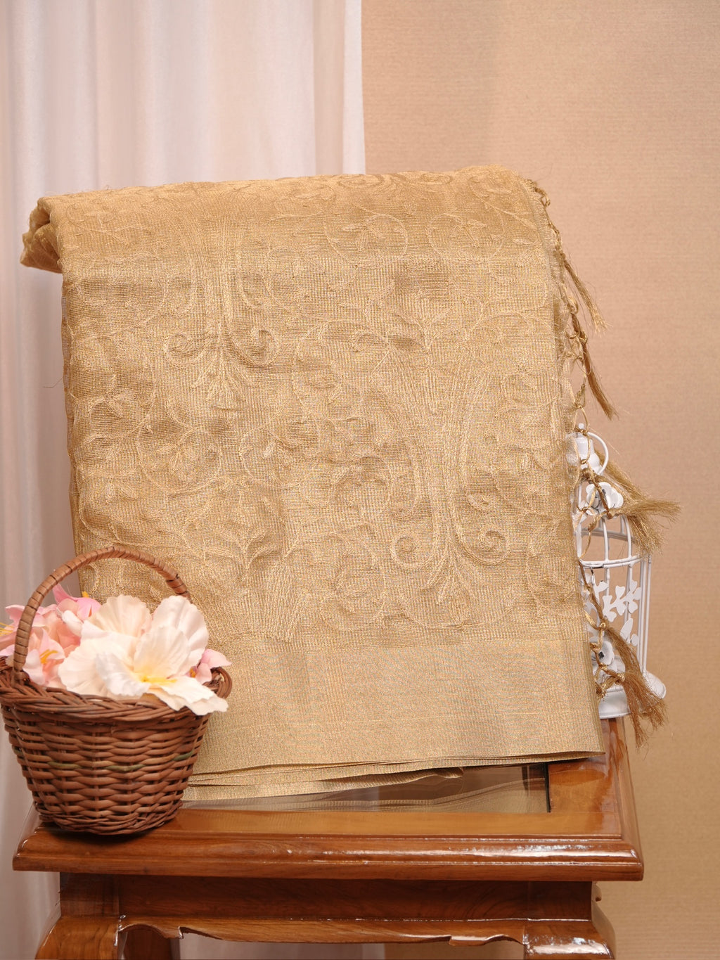 Soft Tissue Silk Embroidered Saree – Golden Beige