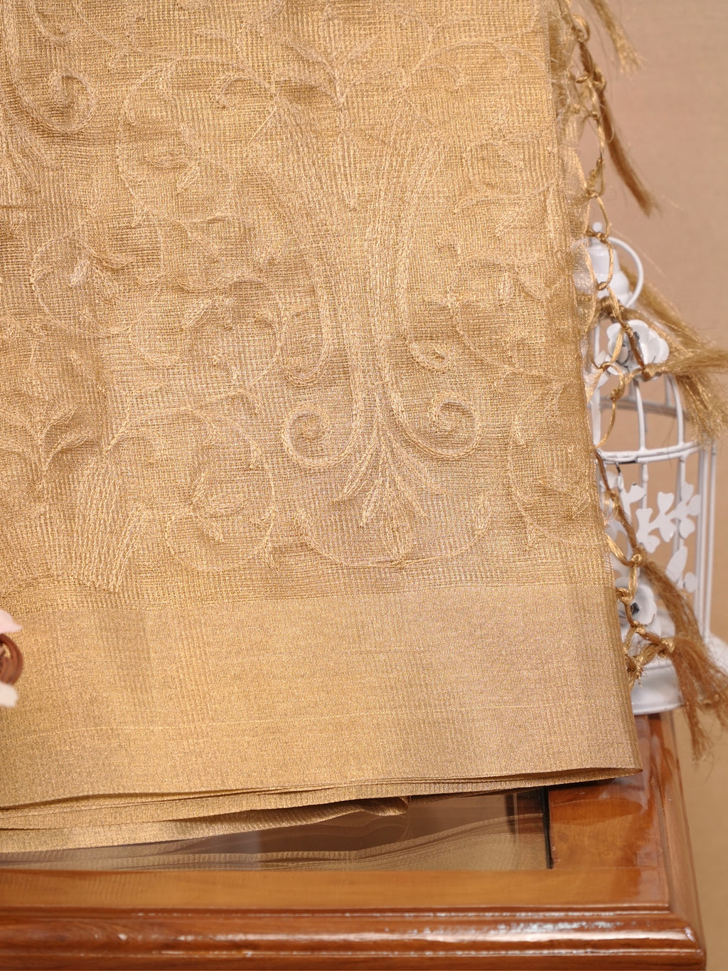 Soft Tissue Silk Embroidered Saree – Golden Beige